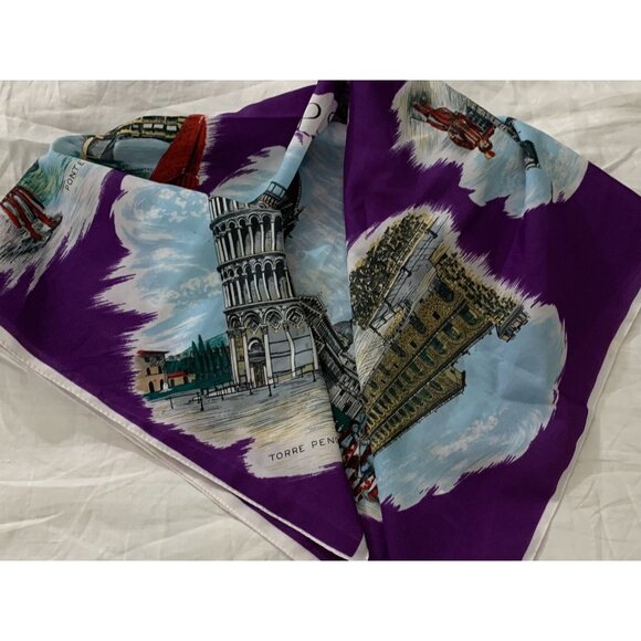 Vtg ITALY Bold Purple SOUVENIR SCARF Pisa Firenze FLORENCE Leaning Tower 29 x 30 - Picture 12 of 12